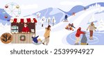 Winter snow park. People having fun, sliding down slide on inflatable sled, tubing, snowboarding, skiing, kiosk vending, Santa. Vector illustration hand drawn art