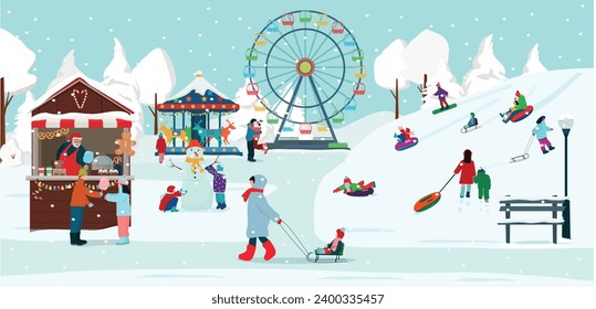 Parque de nieve de invierno.  La gente se está divirtiendo, haciendo hombres de nieve, yendo cuesta abajo en un trineo inflable. Ilustración vectorial.