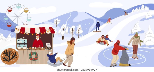 Parque de neve de inverno. Pessoas se divertindo, deslizando deslizamento para baixo em trenó inflável, tubulação, snowboard, esqui, venda automática de quiosque, Papai Noel. Ilustração vetorial desenhada à mão