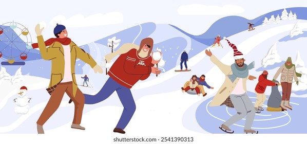 Parque de nieve de invierno. Personas para divertirse, deslizarse hacia abajo deslizarse en trineo inflable, tubos, snowboard, esquí, kiosco vending, Santa. Ilustración vectorial dibujado a mano arte