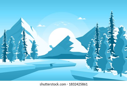 Winter Snow Pine Mountain Frozen Lake Nature Landscape Illustration
