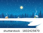 Winter Snow Pine Mountain House Lake Nature Landscape Illustration