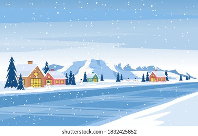 Winter Snow Pine Mountain House Street Nature Landscape Illustration