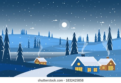Winterschnee-Pine-Mountain-House Straße Naturlandschaft Illustration