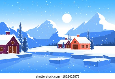 Winter Snow Pine Mountain House Lake Nature Landscape Illustration