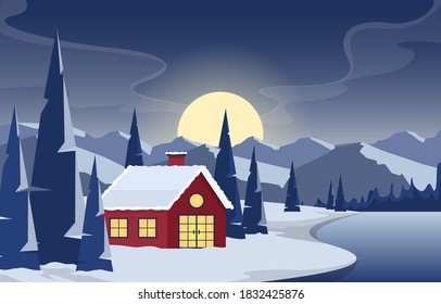 Ilustración del paisaje de la naturaleza del lago de la Montaña de la Nieve de Invierno