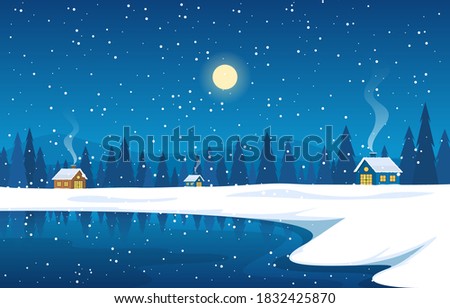 Winter Snow Pine Mountain House Lake Nature Landscape Illustration