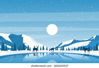 Winter Snow Pine Mountain Lake Deer Nature Landscape Illustration