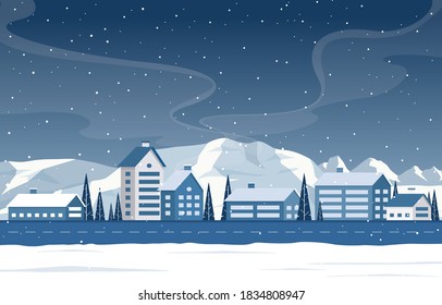 Winter Snow Pine Mountain Snowfall Rural House Landscape Illustration 