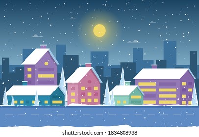 Ilustración del paisaje de la ciudad de la nieve de nieve en invierno
