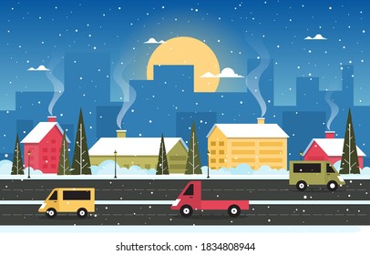 Winter Snow Pine Snowfall City House Landscape Illustration