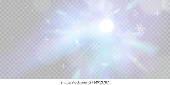 Neve de inverno com sobreposição de dispersão de luz prisma com efeito de luz fria, clarões transparentes de diamante de cristal. Brilhos de luz prismática ou brilho de luz de lente de refração ou brilho de luz solar. Vetor
