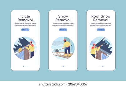 Winter snow removal onboarding mobile app screen flat vector template. Walkthrough website 3 steps with characters. Creative UX, UI, GUI smartphone cartoon interface, case prints set