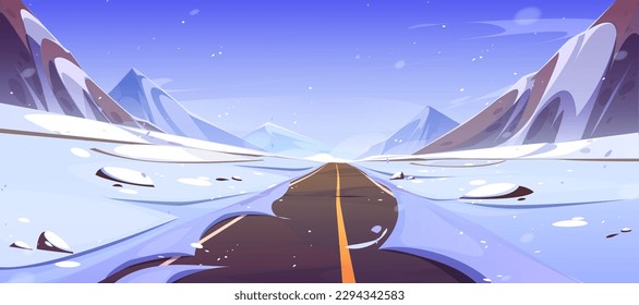 Winter snow road and mountain landscape scene vector background. Cartoon snowy outdoor journey path. Blizzard on highway through ridge game adventure wallpaper. North cold weather scenery