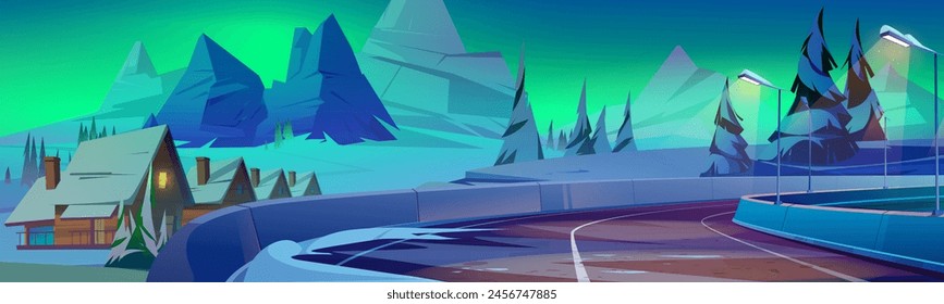 Winter snow road on mountain ski resort landscape. Tree on hill and drive scenery on xmas holiday season. Cabin hotel in icy alpine forest drawing. North village and transport snowy way illustration