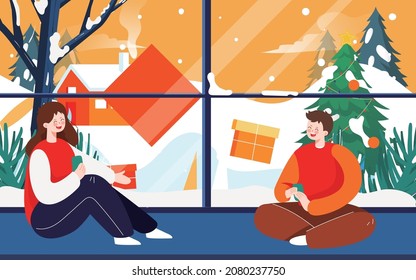 Winter snow scene illustration winter interior window couple character poster