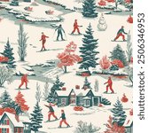 winter snow scene old christmas vintage semaless pattern Toile De Jouy decor vector