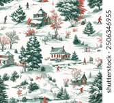 winter snow scene old christmas vintage semaless pattern Toile De Jouy decor vector