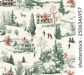winter snow scene old christmas vintage semaless pattern Toile De Jouy decor vector