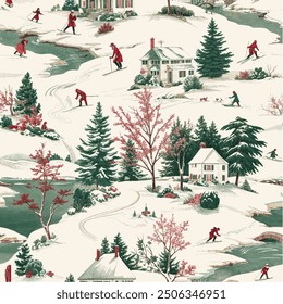 winter snow scene old christmas vintage semaless pattern Toile De Jouy decor vector