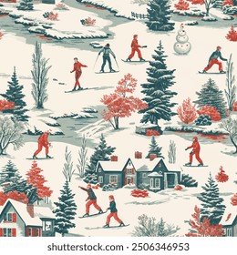 winter snow scene old christmas vintage semaless pattern Toile De Jouy decor vector