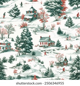 winter snow scene old christmas vintage semaless pattern Toile De Jouy decor vector