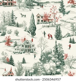 winter snow scene old christmas vintage semaless pattern Toile De Jouy decor vector