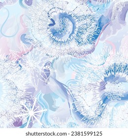 Winter snow seamless pattern. Bright winter season holiday style. Flowing wavy snowy clouds. Modern background for festive christmas graphics.