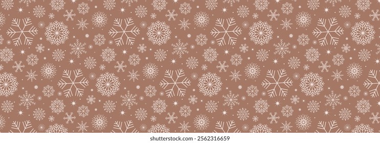Winter snow seamless pattern with geometric shapes and beige snowflakes on background in Mocha Mousse color of the year 2025