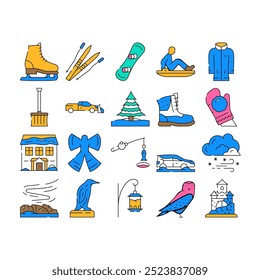 winter snow season blue icons set vector. cold landscape, holiday snowflake, sky ice, forest nature, card banner, tree scene winter snow season blue color Contour Illustrations