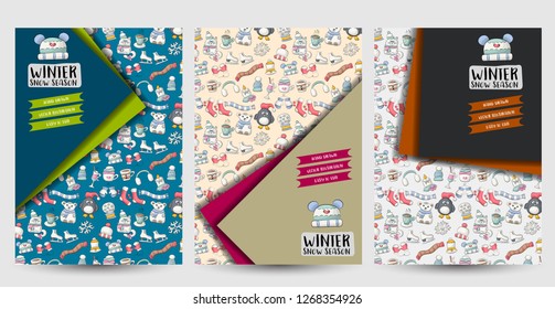 Winter snow season flyer or posters set. Background for advertisement, menu, brochure template. Hand drawn doodle cartoon style modern decoration concept. Vector illustration.