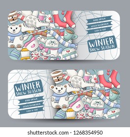 Winter snow season horizontal banner set. Cute header for invitation, advertisement, web page. Hand drawn  doodle cartoon style modern design concept. Vector illustration.