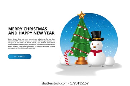 winter snow season for merry christmas and happy new year. snowman character, christmas tree with candy cane, snowball. landing page template