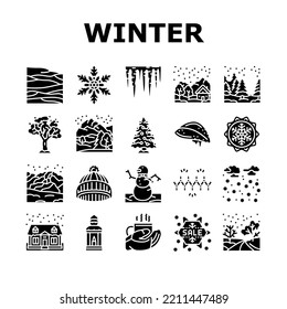 winter snow season nature icons set vector. holiday landscape, white blue forest, ice cold, christmas snowflake, sky, frost winter snow season nature glyph pictogram Illustrations