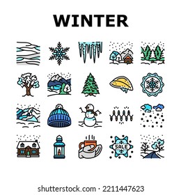 winter snow season nature icons set vector. holiday landscape, white blue forest, ice cold, christmas snowflake, sky, frost winter snow season nature color line illustrations