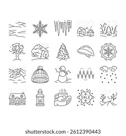 winter snow season nature icons set vector. holiday landscape, white blue forest, ice cold, christmas snowflake, sky, frost winter snow season nature black contour illustrations