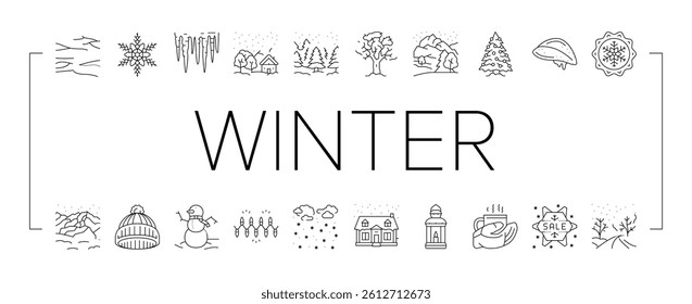 winter snow season nature icons set vector. holiday landscape, white blue forest, ice cold, christmas snowflake, sky, frost winter snow season nature black contour illustrations
