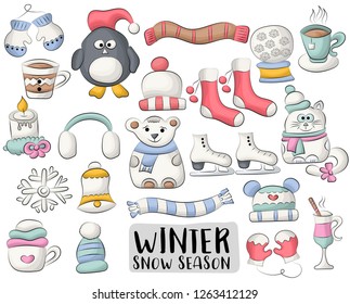 Winter snow season set of icons and objects. Hand drawn doodle cartoon style modern design concept. Vector illustration.