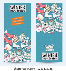 Winter snow season vertical banner set. Cute poster for invitation, advertisement, web page. Hand drawn doodle cartoon style design concept. Vector illustration.
