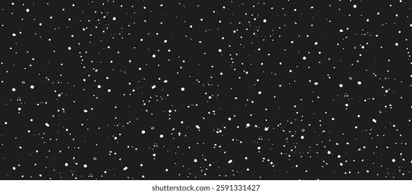Winter Snow Sky Hand Drawn Abstract Texture. Vector Hand Drawn Distress Abstract Winter Snowflake Banner. Snow Texture with Random Scattered White Dots on Black Background. Not AI
