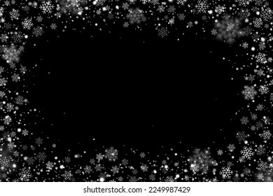 Winter snow snowflakes border frame on black background. Vector