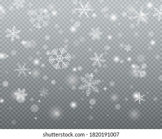 Ilustración de fondo de la tormenta de nieve de invierno. Muchos elementos blancos fríos se balancean sobre un fondo transparente. Nevada vectorial pesada, copos de nieve de diferentes formas y formas. Textura mágica de nevada blanca. 