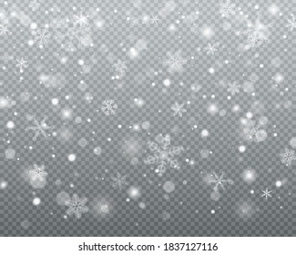 Winter snow storm background illustration. Vector heavy snowfall, snowflakes in different shapes and forms. Many white cold flakes elements on transparent background. Magic white snowfall texture. 