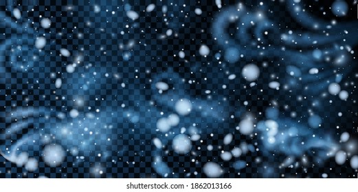 Fondo transparente de tormenta de nieve en invierno. Ilustración vectorial.