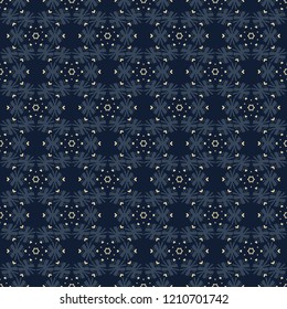 Winter Snow Texture Seamless Vector Pattern. Drawn Starry Snowflake Crystal llustration for Seasonal Fashion Prints, Xmas Packaging, Christmas Paper Goods, Nordic Wrap or Japanese Style Indigo Blue
