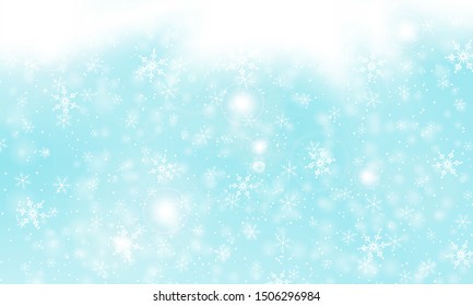 Winter snow texture. Vector illustration. Blue sky. Falling snow. Winter crystal. Christmas texture.
