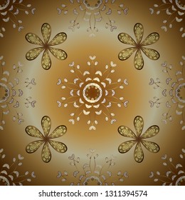 Winter snow texture wallpaper. Christmas golden snowflake seamless pattern. Golden snowflakes on yellow and beige colors. Symbol holiday, New Year celebration vector golden pattern.