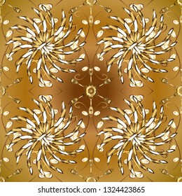 Winter snow texture wallpaper. Christmas golden snowflake seamless pattern. Golden snowflakes on brown and yellow colors. Symbol holiday, New Year celebration vector golden pattern.