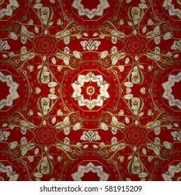 Winter snow texture wallpaper. Christmas gold snowflake seamless pattern. Golden snowflakes on red background. Symbol holiday, New Year celebration Vector golden pattern with golden elements.