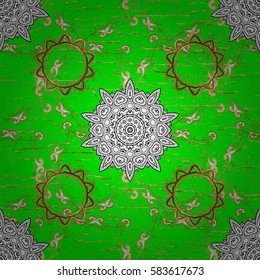 Winter snow texture wallpaper. Christmas gold snowflake pattern. Golden snowflakes on green background. Symbol holiday, New Year celebration vector golden pattern with golden elements.